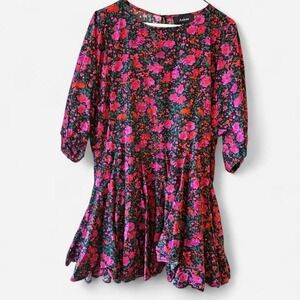 Aakaa pink, red, green and black floral layered dress w/ circle hem. Size S